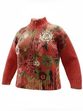 Coldwater Creek Full Zip Vibrant Orange Floral Knit Women’s Sweater - M